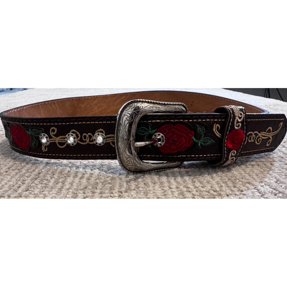 Western Leather Rose Embroidered Rhinestone Belt Brown Silver Buckle Size 34